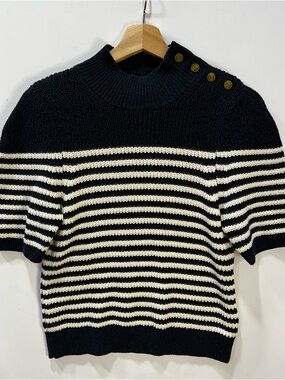 Anthropologie Navy & Cream Striped Short-Sleeve Turtleneck Sweater with Buttons